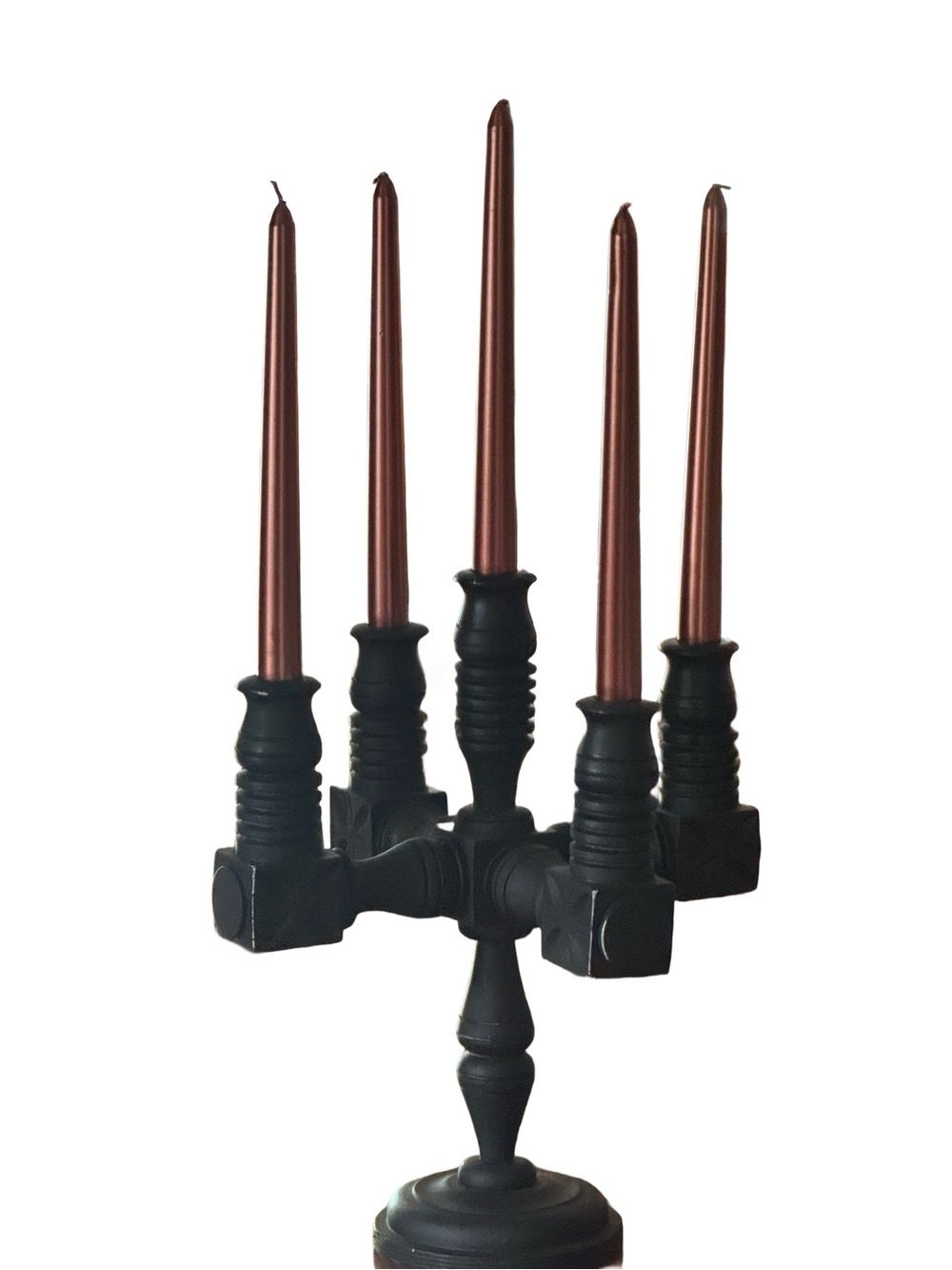 VTG Primitive Wooden Carved Candelabra 14” Tall + 10 (10”)Metallic Copper Tapers